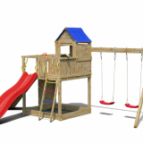 STATION DE JEUX ENFANTS EN BOIS AVEC BALANCOIRE DOUBLES 443 CM X 501 CM X 272CM TOBOGGAN VERT